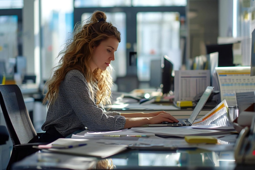 Frau mit langen, welligen Haaren arbeitet konzentriert am Laptop im Büro, umgeben von Papieren und natürlichem Licht.