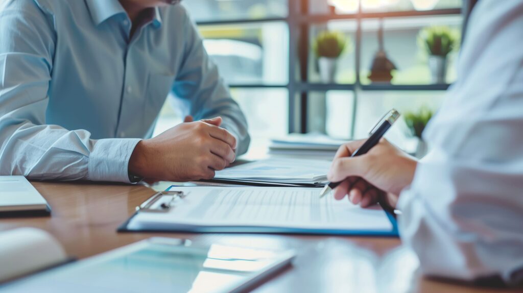 Zwei Personen diskutieren am Schreibtisch; eine schreibt auf Klemmbrett, die andere hört zu. Dokumente liegen im natürlichen Licht.