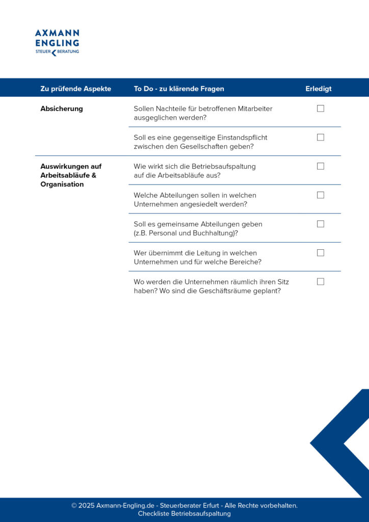 Checkliste zu Arbeitsabläufen und Organisation, mit einigen angekreuzten Punkten für Unternehmensstruktur, Abteilungen und Managementverantwortung.