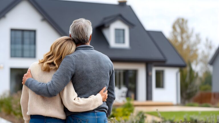 Ein Paar steht Arm in Arm, von hinten gesehen, vor einem modernen weißen Haus mit schwarzer Verkleidung.